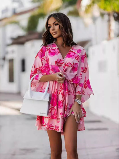 Fuchsia Pink Layered Printed Surplice Mini Dress - Fuchsia Pink / 2XL