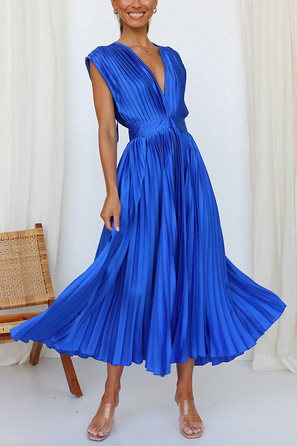 Green Georgiana Satin Pleated Midi Dress