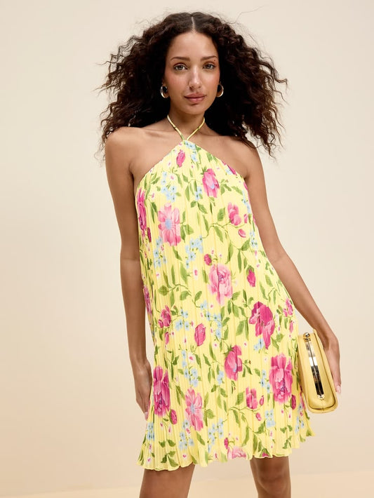 Eleanor Pleated Halter Swing Mini Dress in Sunshine