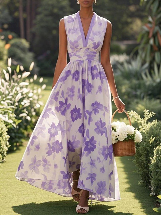Lavender Purple Floral Chiffon V Neck Sleeveless A-Line Maxi Dress Purple-US8