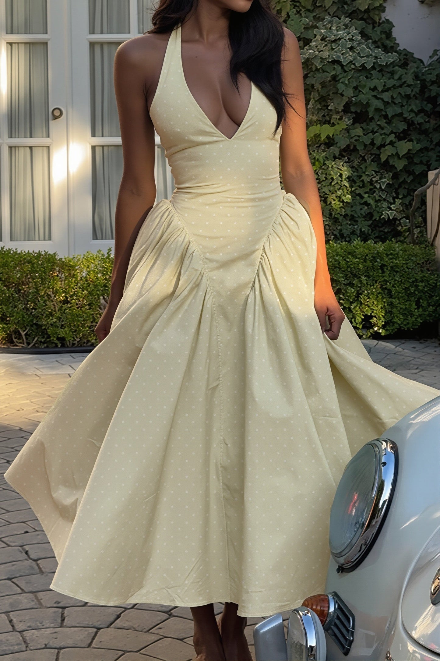 Yellow Vivienne Polka Dot Halter Maxi Dress