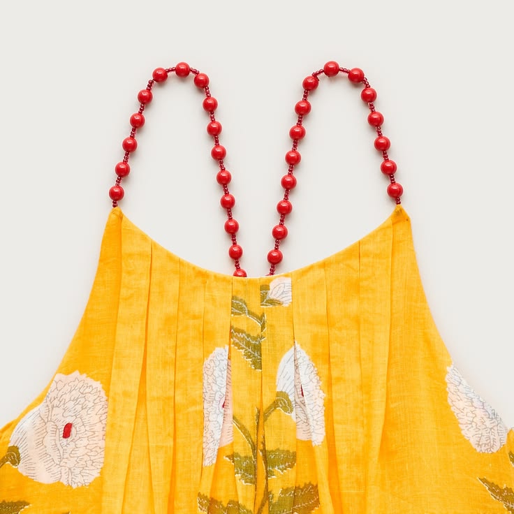 Ophelia Beaded-Strap Dress in Marigold Block-Print Ramie