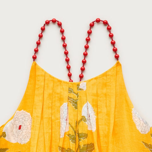 Ophelia Beaded-Strap Dress in Marigold Block-Print Ramie