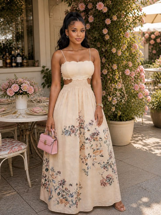 Half Heart Dresses | Nwt Cream Floral Cutout Maxi Dress With Scallop Bodice, Resort Summer Outfit | Color: Cream/Pink | 