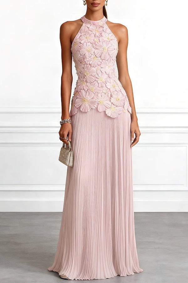 Blue Emilie 3D Floral Embroidered Halter Maxi Dress