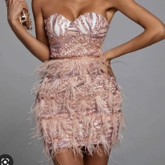 Bella Barnett Dresses | Pink Sequin Feather Mini Dress | Color: Cream/Pink | Size: S