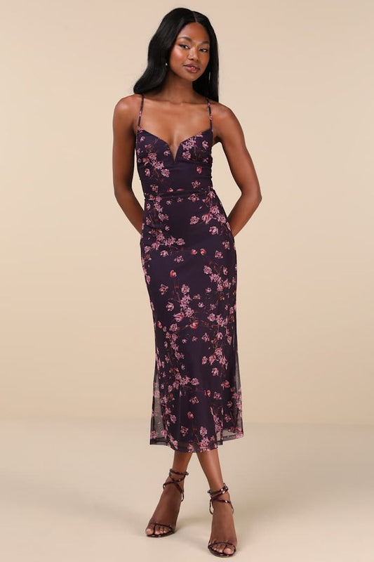 Violet Floral Mesh Midi Dress