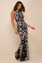 Ophelia 3D Floral Embroidered Halter Maxi Dress