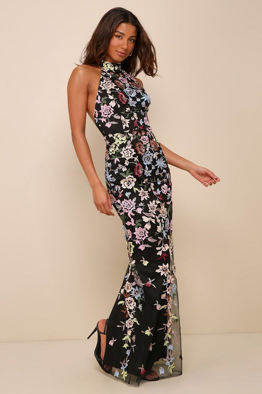Ophelia 3D Floral Embroidered Halter Maxi Dress
