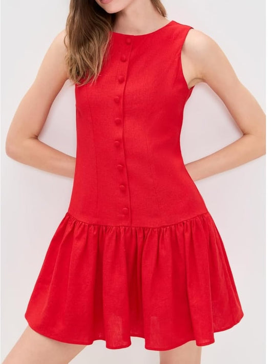 Margot Drop-Waist Button-Front Mini Dress in Red