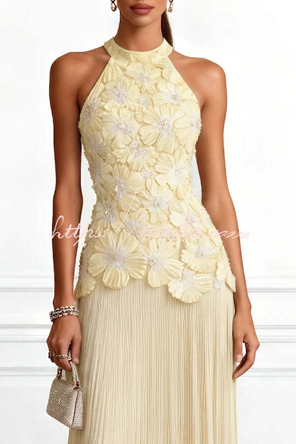 Blue Emilie 3D Floral Embroidered Halter Maxi Dress