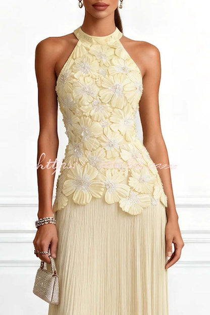 Blue Emilie 3D Floral Embroidered Halter Maxi Dress