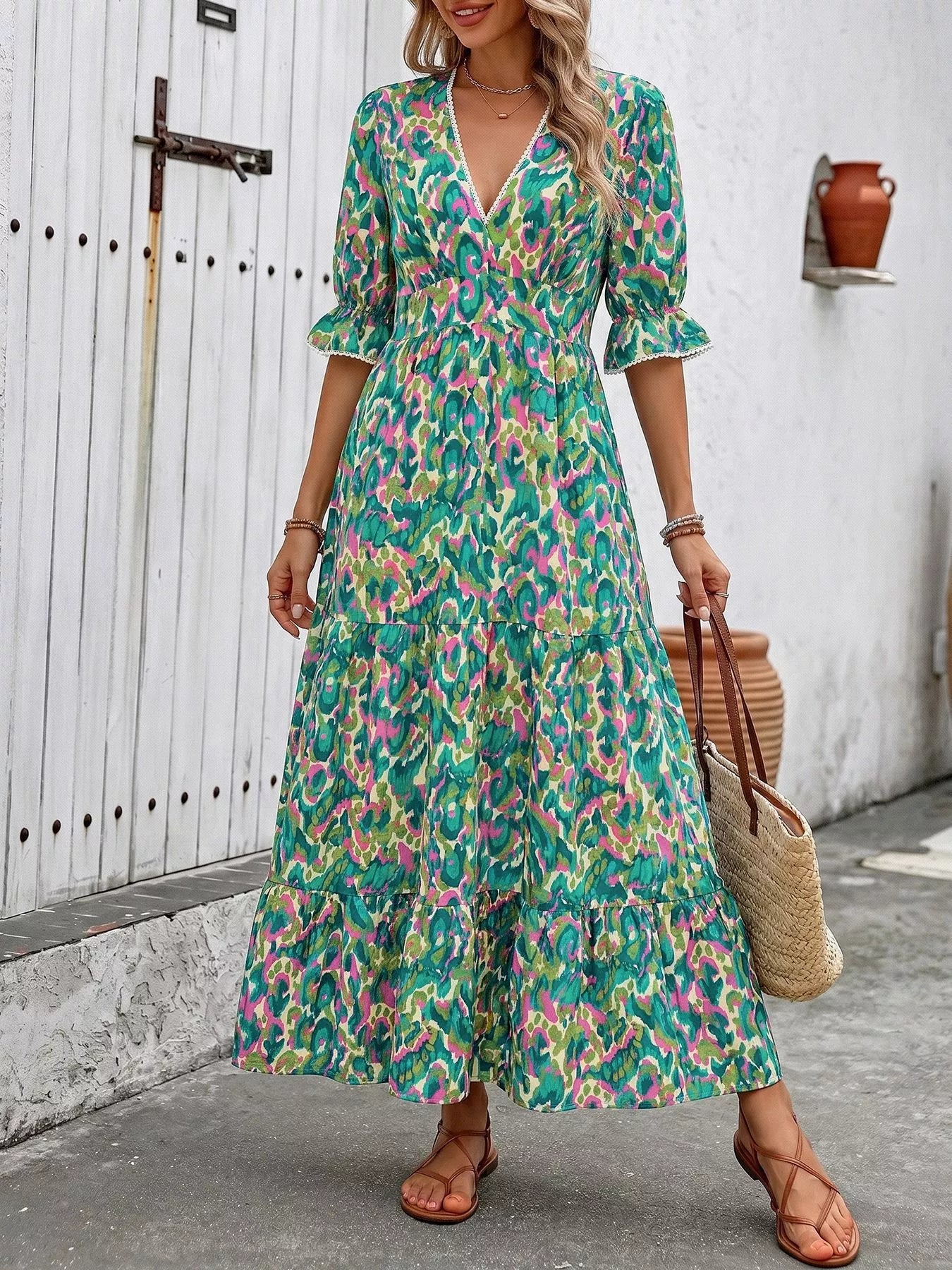 Neck Flounce Sleeve Dress Margot Printed V-Neck Tiered Dress