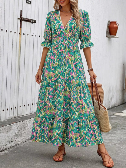 Neck Flounce Sleeve Dress Margot Printed V-Neck Tiered Dress