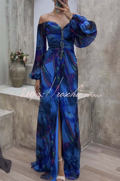 Blue Sunset Serenade Printed Off Shoulder Diamond Embellished Pleated Slit Maxi Dress