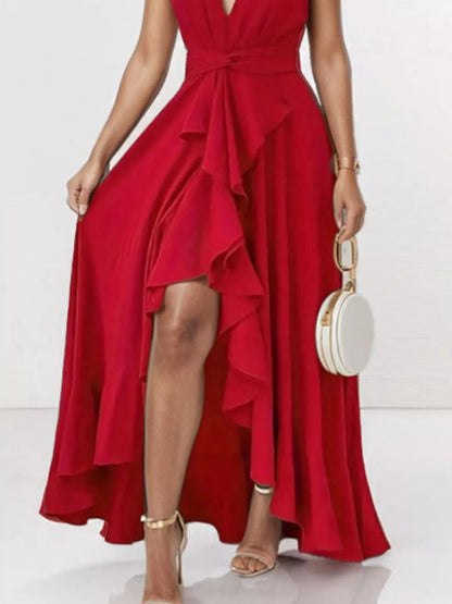 Deep Red Arabella Ruffled High-Low Maxi Dress