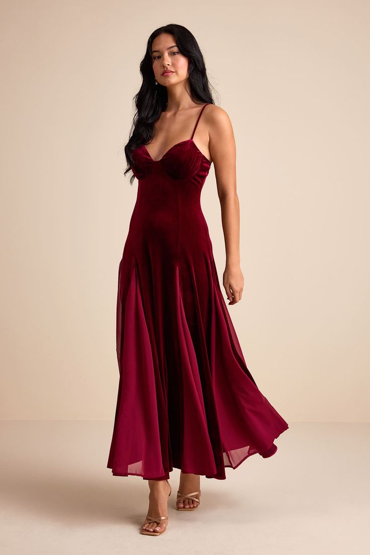 Elisha Burgundy and Red Velvet Pleated Midi Dress