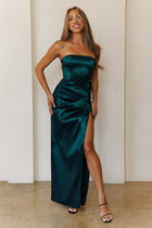Celestine Strapless Satin Maxi Dress in Sage