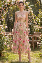 Tüll-Einschulter-A-Linie gesticktes blumiges Midi-Kleid