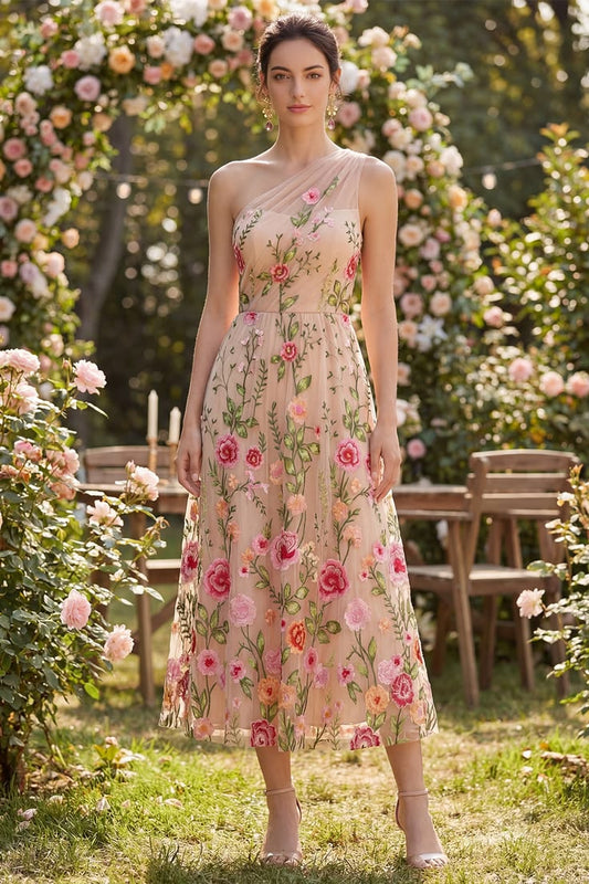 Tüll-Einschulter-A-Linie gesticktes blumiges Midi-Kleid