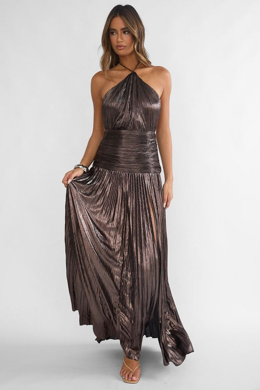 Ahmara Accordion Pleat Maxi Dress in Gunmetal
