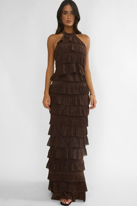 Kaelia Tiered Halter Maxi Dress Sparkle Brown - L
