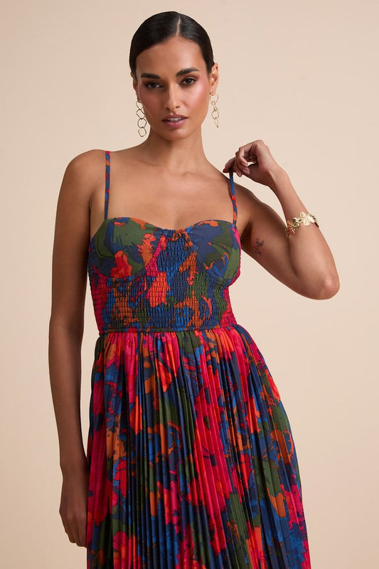 Kinleigh Abstract Pleated Bustier Maxi Dress