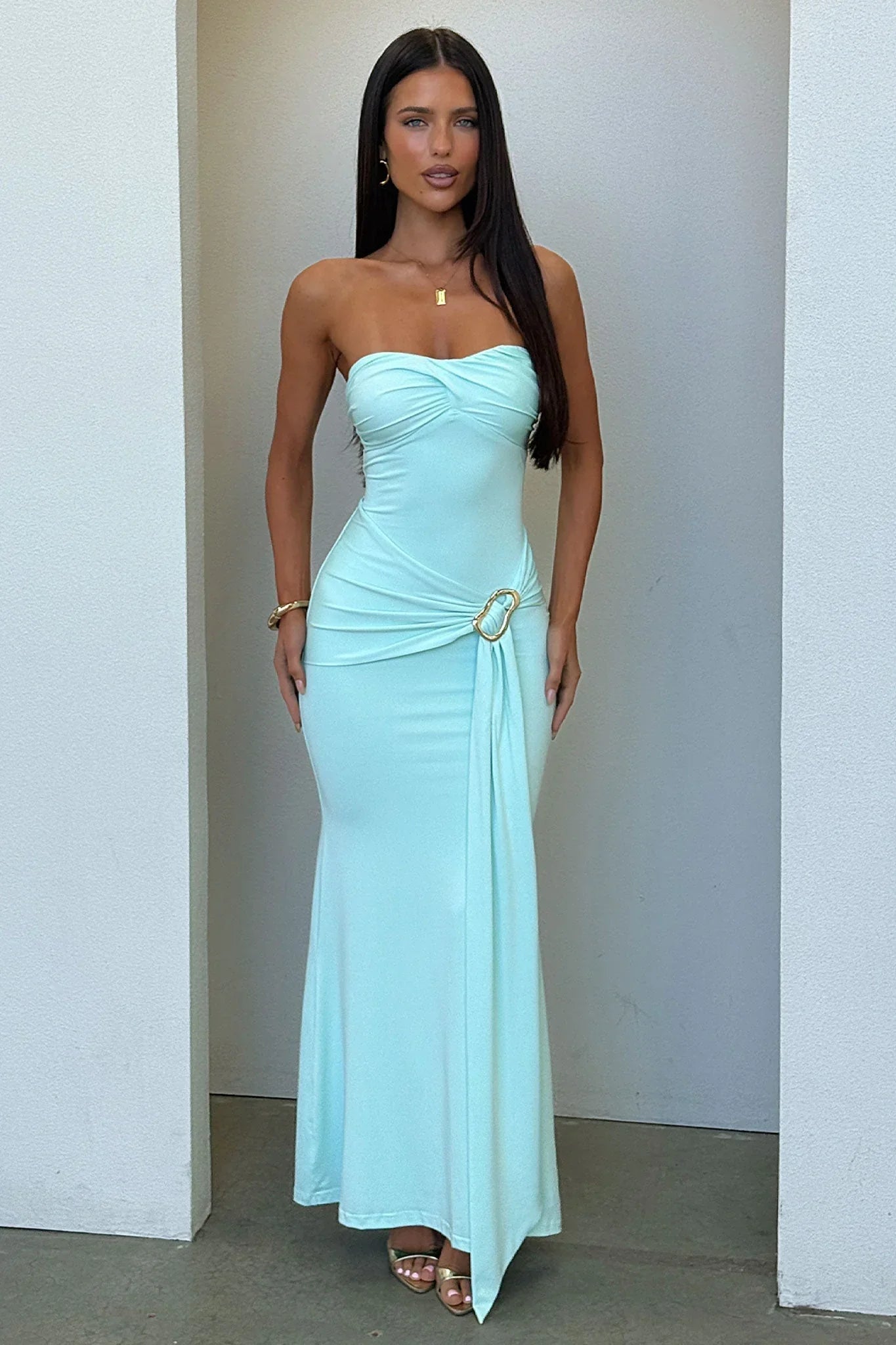 Aqua Monique Strapless Wrap Maxi Dress