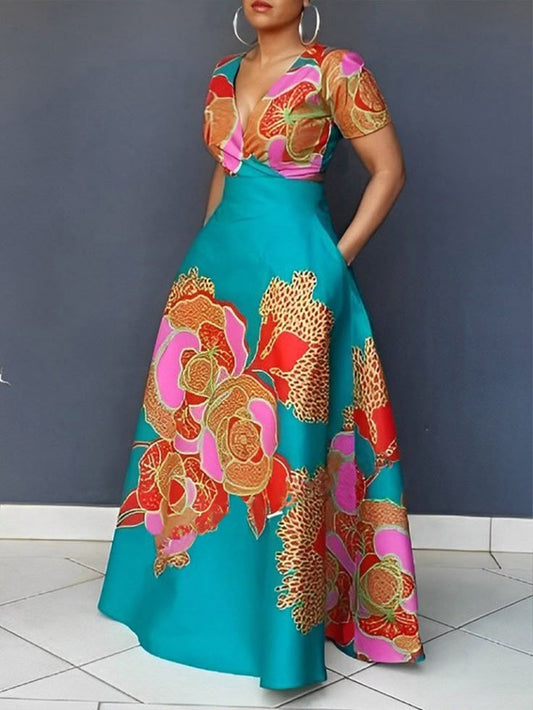 Women Floral Elegant Dress Satin Deep V Neck Fit Short Sleeve X-Line With Pocket Micro-Elasticity For Event