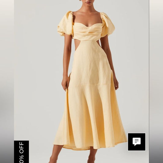 Winley Puff Sleeve Cutout Midi Dress in Sunny Yellow