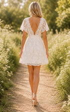 V-Neck Short Lace Wedding Dress with Flutter Sleeves and Scalloped Hem