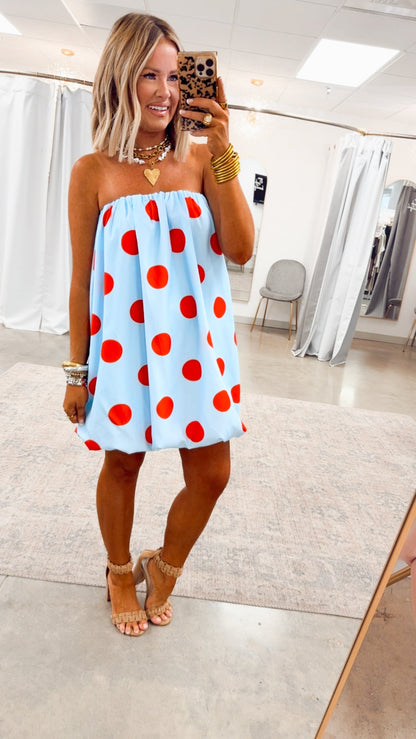 Blue/Red Margot Polka Dot Bubble Hem Dress