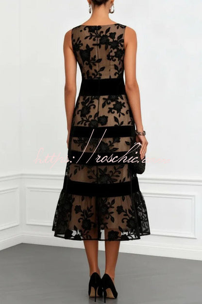 Black Rosmie Flower Mesh Lace Colorblock Boat Neck Sleeveless A-Line Midi Dress