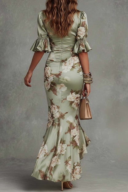 sleeved Fitted Waist Pleated Maxi Dress Floral Print V-neck Ruffled Short-sleeved Fitted Waist Pleated Maxi Dress