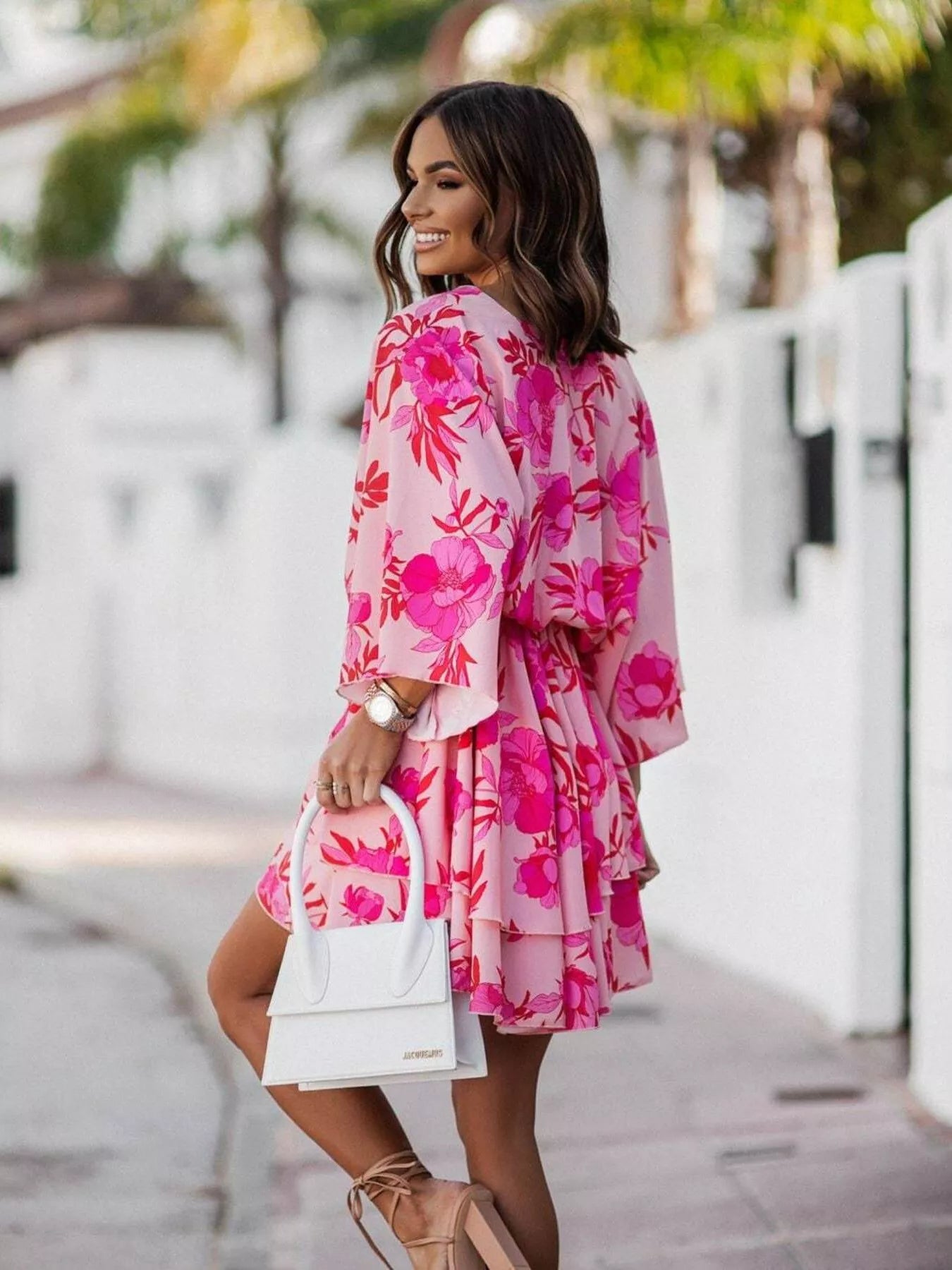 Orange Layered Printed Surplice Mini Dress - Fuchsia Pink / 2XL
