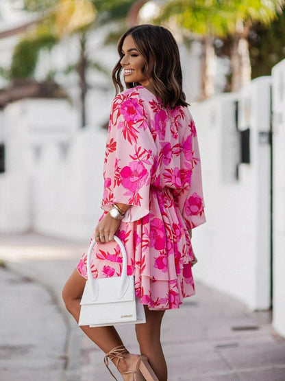 Hot Pink Layered Printed Surplice Mini Dress - Fuchsia Pink / 2XL