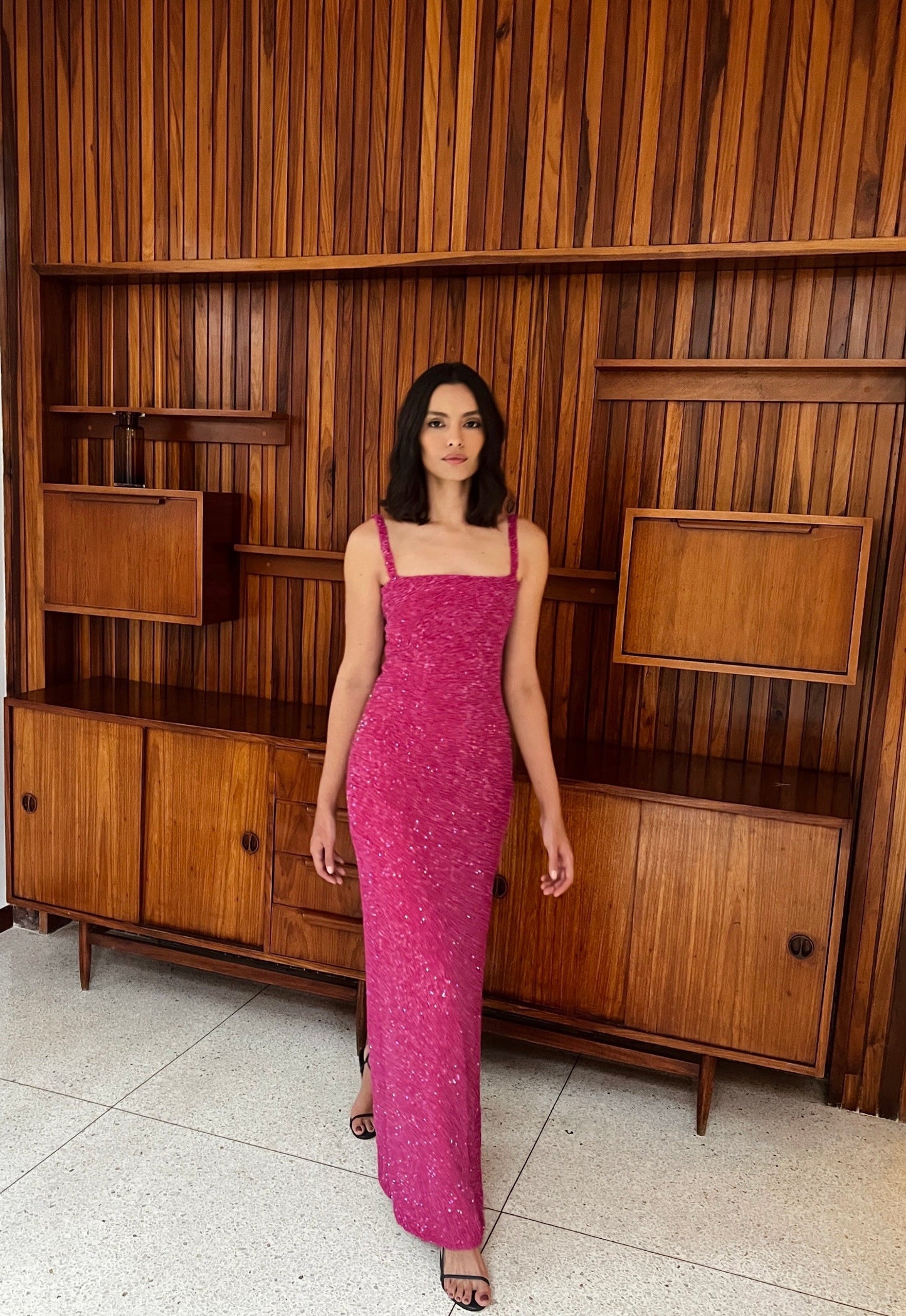 FUCHSIA Lucienne Crepe Midi Dress in Hot Orange