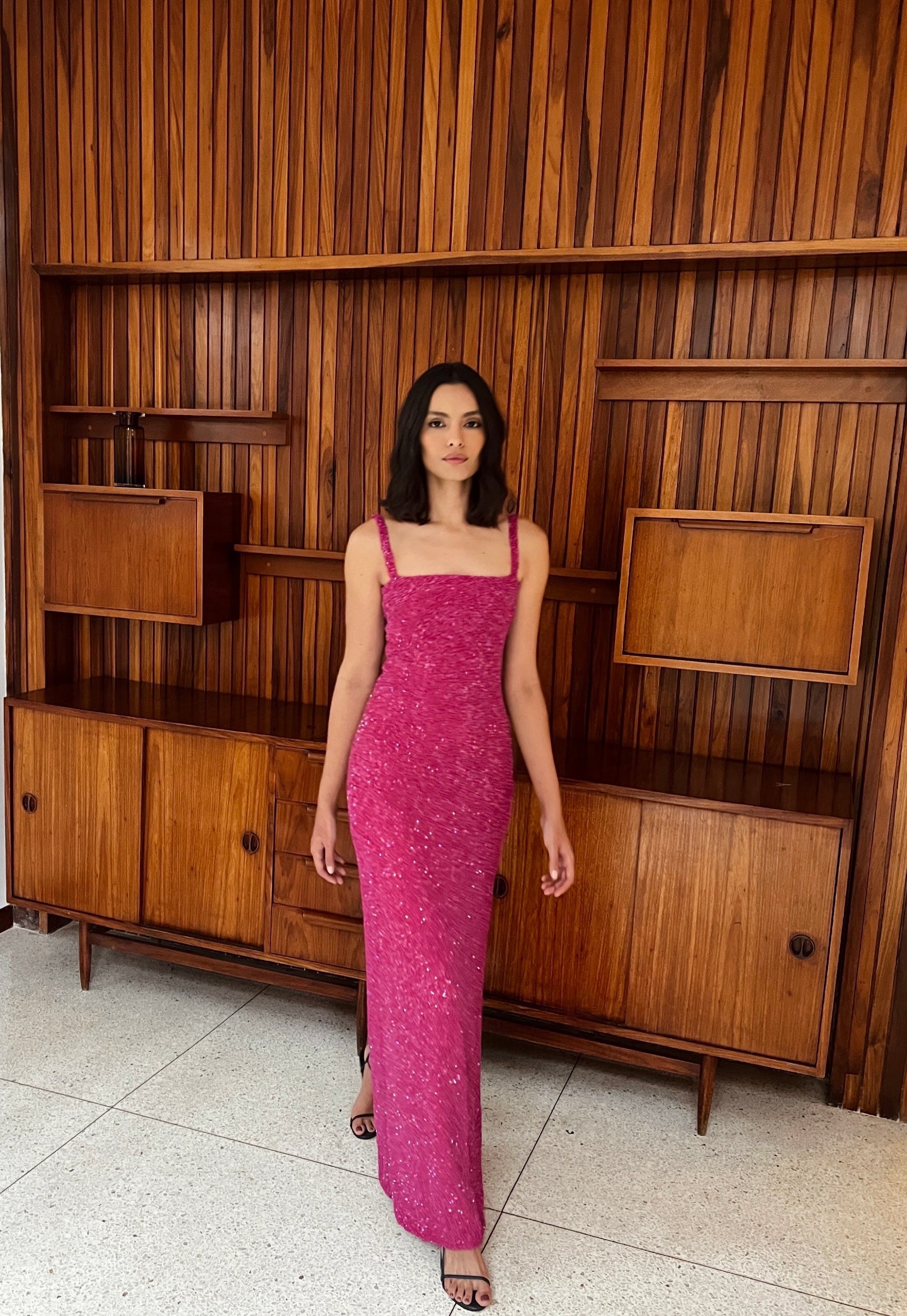 FUCHSIA Lucienne Crepe Midi Dress in Hot Orange