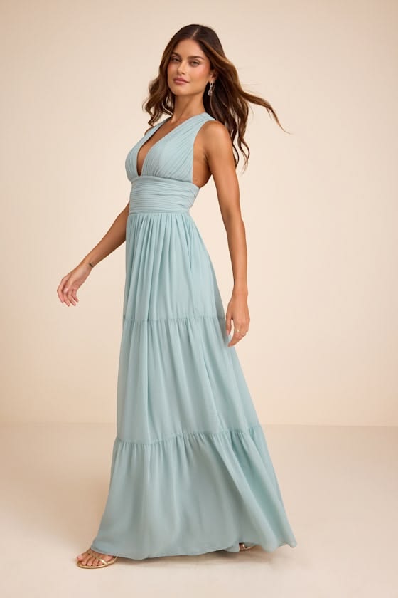 Leora Pleated Tiered Maxi Dress in Sky Blue