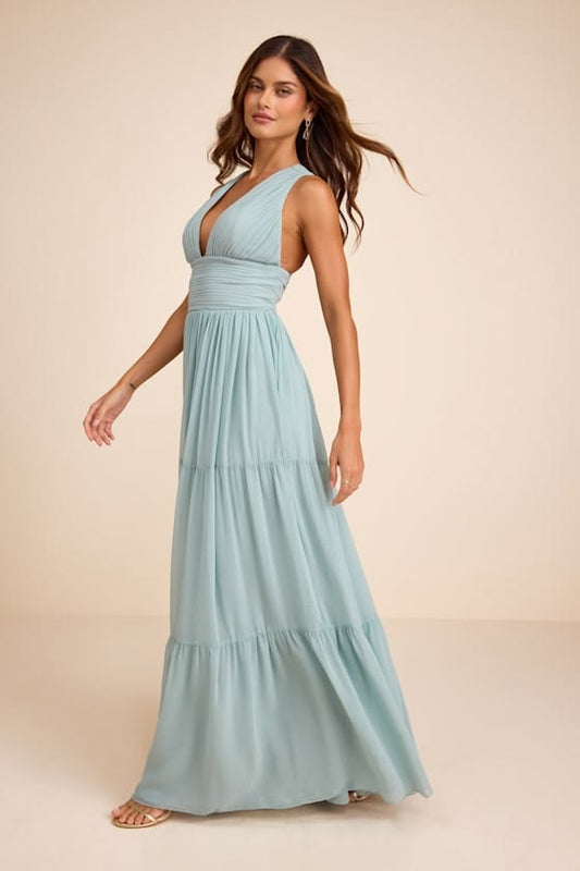 Leora Pleated Tiered Maxi Dress in Sky Blue