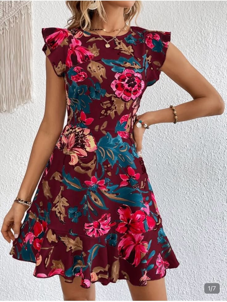 Floral Burgundy Fit & Flare Dress Size M Ruffle Hem Feminine Mini | Color: Pink/Red | Size: 4
