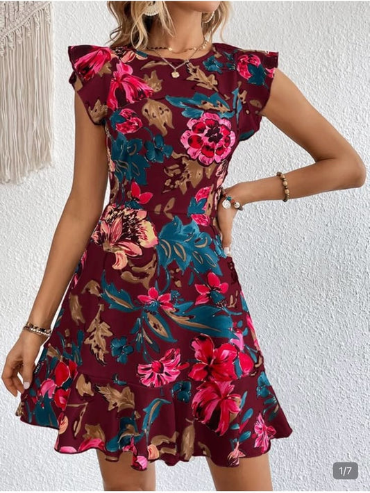 Floral Burgundy Fit & Flare Dress Size M Ruffle Hem Feminine Mini | Color: Pink/Red | Size: 4