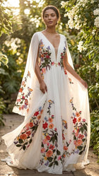 Floral Fiesta Boho Wedding Dress, Colorful Embroidered A-line Gown, Deep V Neck & Back, Dramatic Train, Garden or Destin