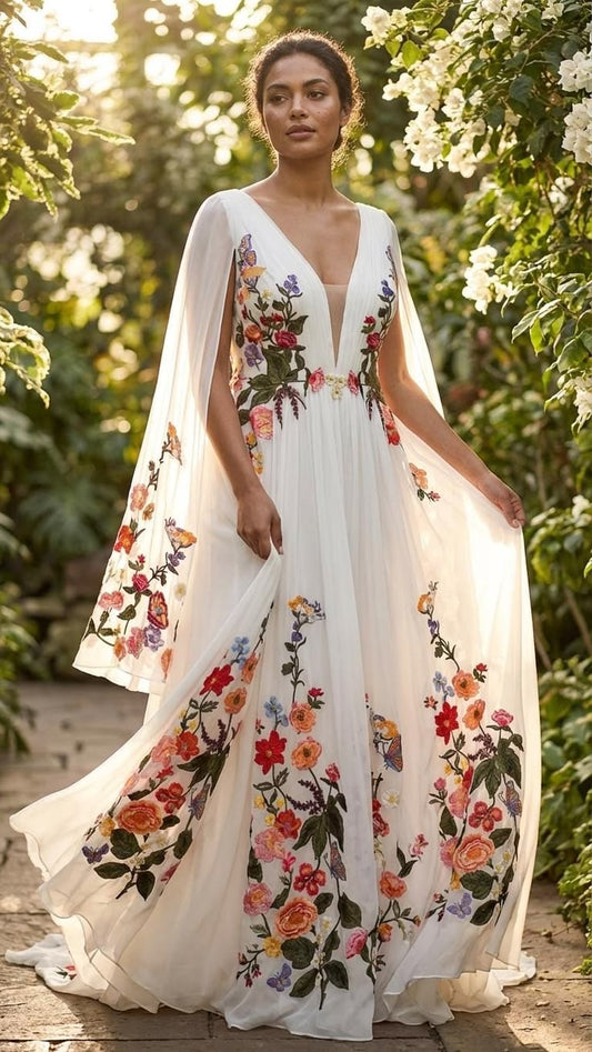 Floral Fiesta Boho Wedding Dress, Colorful Embroidered A-line Gown, Deep V Neck & Back, Dramatic Train, Garden or Destin