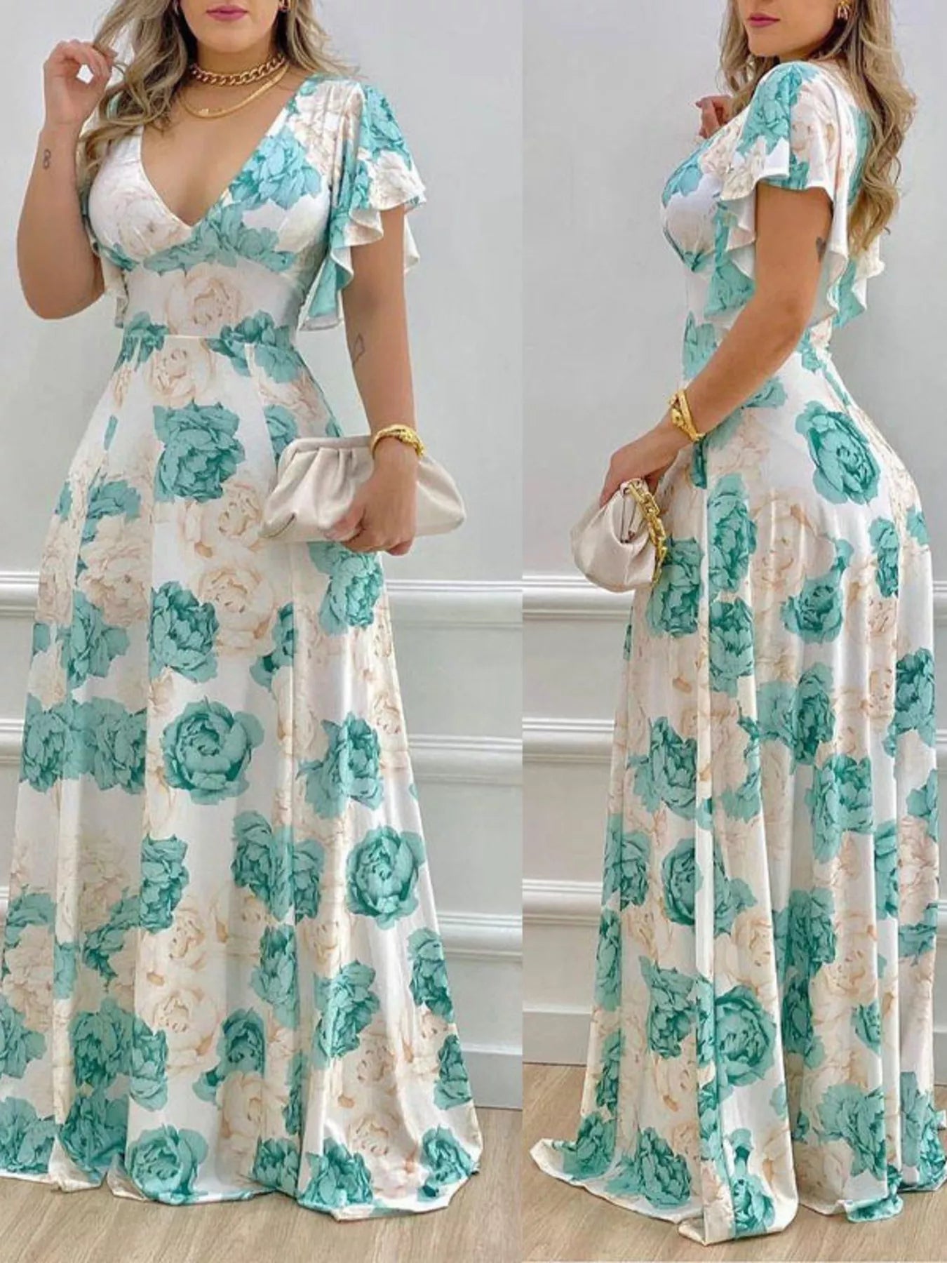 Pumpkin Floral Print V-Neck Ruffle Sleeve Maxi Dress - Fuchsia Pink / M
