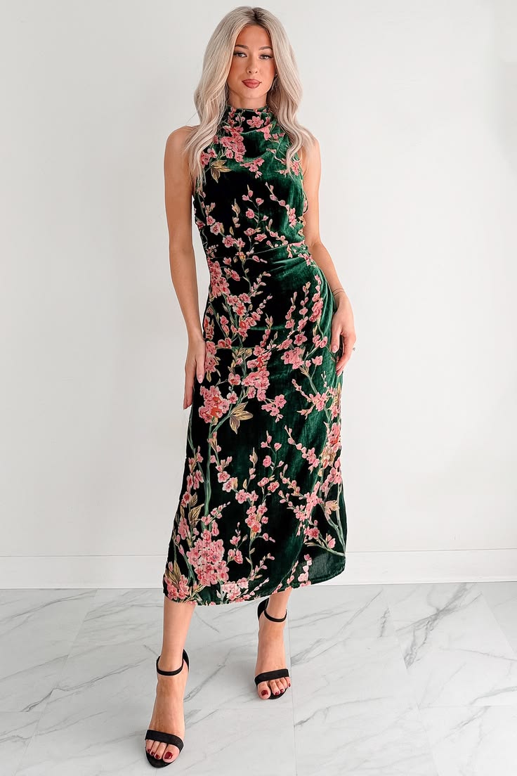 Celeste Velvet Midi Dress in Cherry Blossom Green