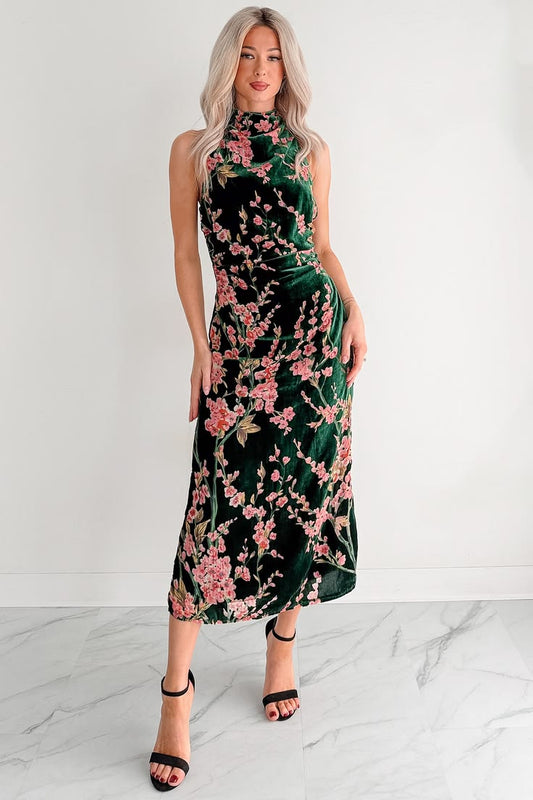 Celeste Velvet Midi Dress in Cherry Blossom Green