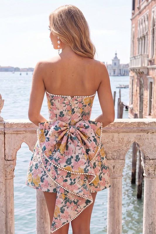 Yellow Flower Jacquard A-Line Short Homecoming Dress with Bow - Pink Flower / US20W