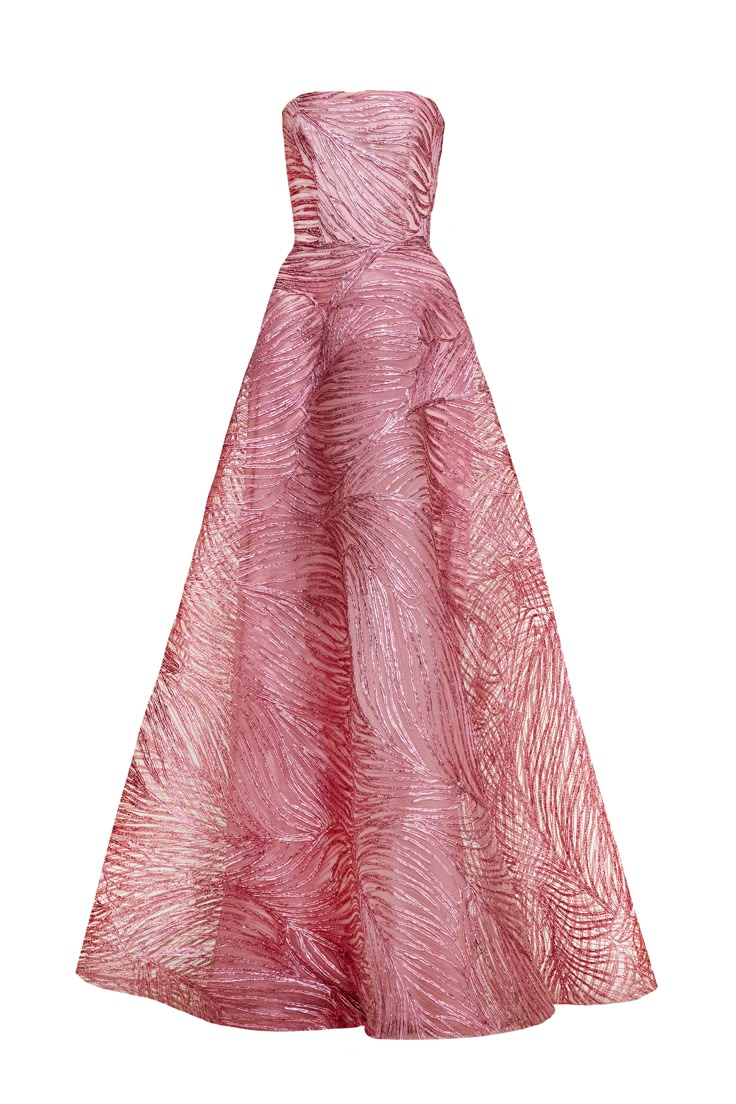 METALLIC RAFFIA STRAPLESS FULL SKIRT GOWN