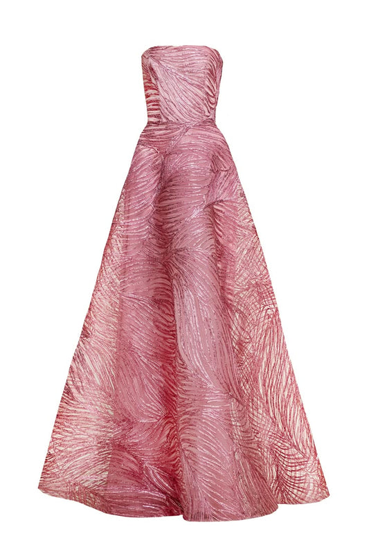 METALLIC RAFFIA STRAPLESS FULL SKIRT GOWN